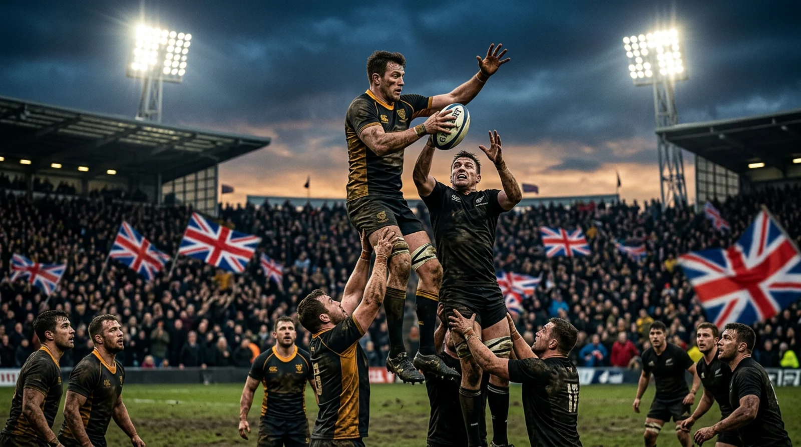 Rugby lineout under floodlights at a packed British stadium in gold and black — UK rugby betting